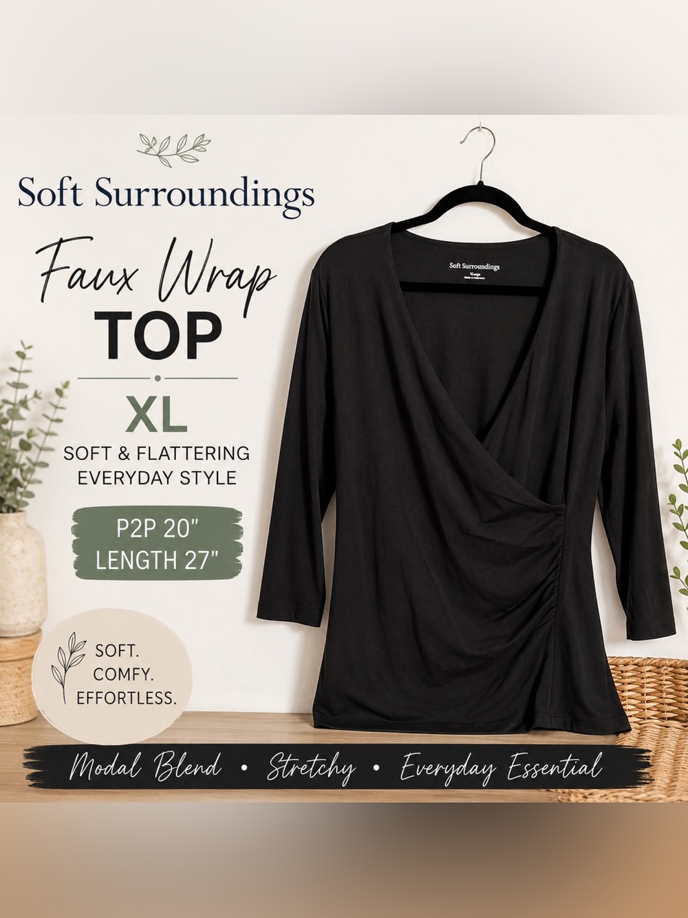 Soft Surroundings Black Faux Wrap Ruched Top XL 3/4 Sleeve Modal Blend